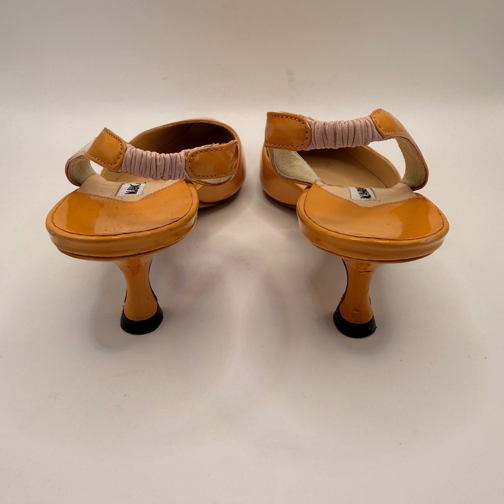 Manolo Blahnik Carolyne Orange Patent Leather Slingback Kitten Heels Size 36.5 - Picture 7 of 13